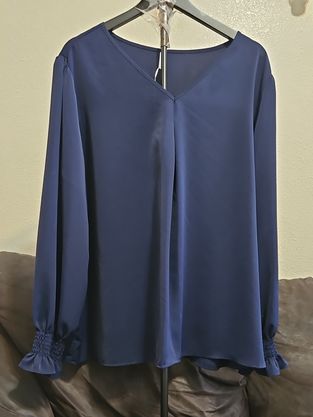 Classic Navy V-Neck Long Sleeve Blouse with Smocked Cuffs